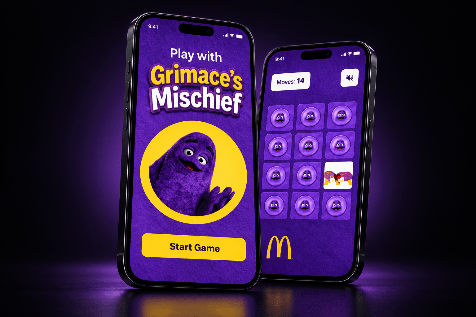 Studio visualization of McDonald’s Grimace’s Mischief game on two phones, with purple lighting on a dark background.