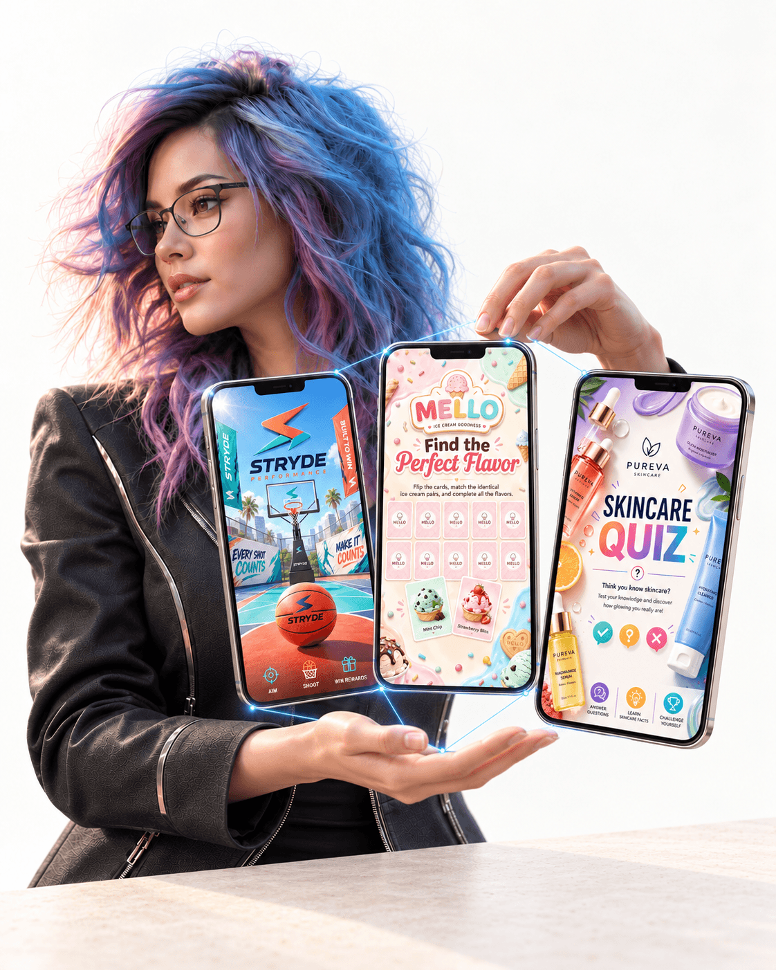 Tamara wearing glasses, creating the STRYDE Basketball, MELLO Memory, and PUREVA Quiz games
